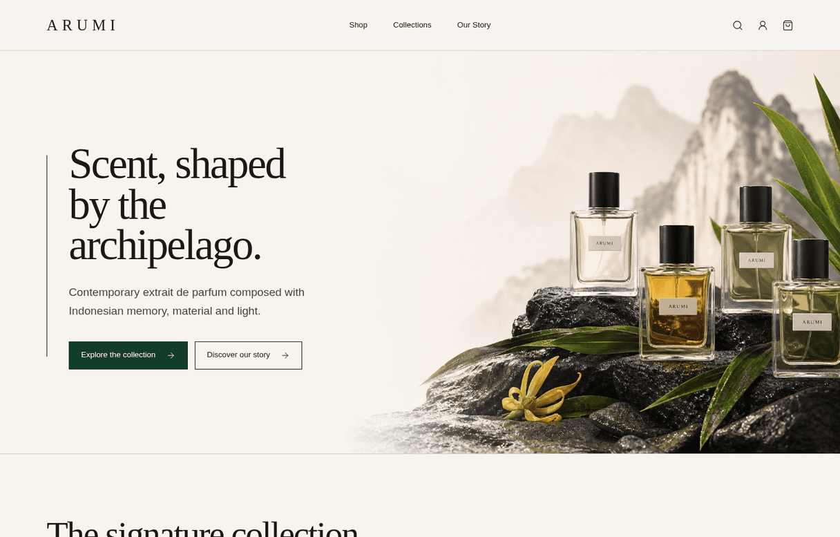Arumi fragrance storefront with Indonesian-inspired editorial photography
