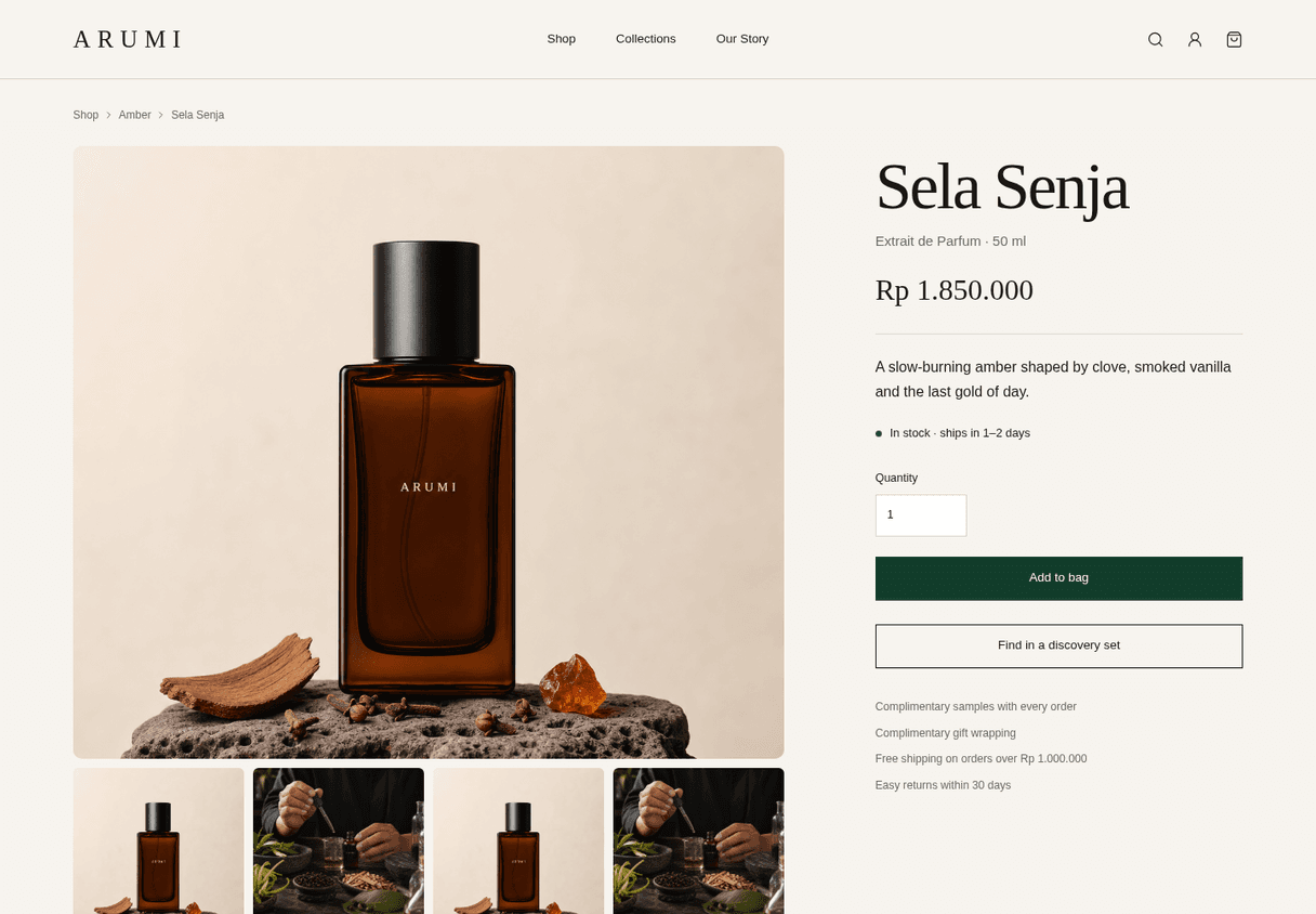 Arumi Sela Senja fragrance product detail page