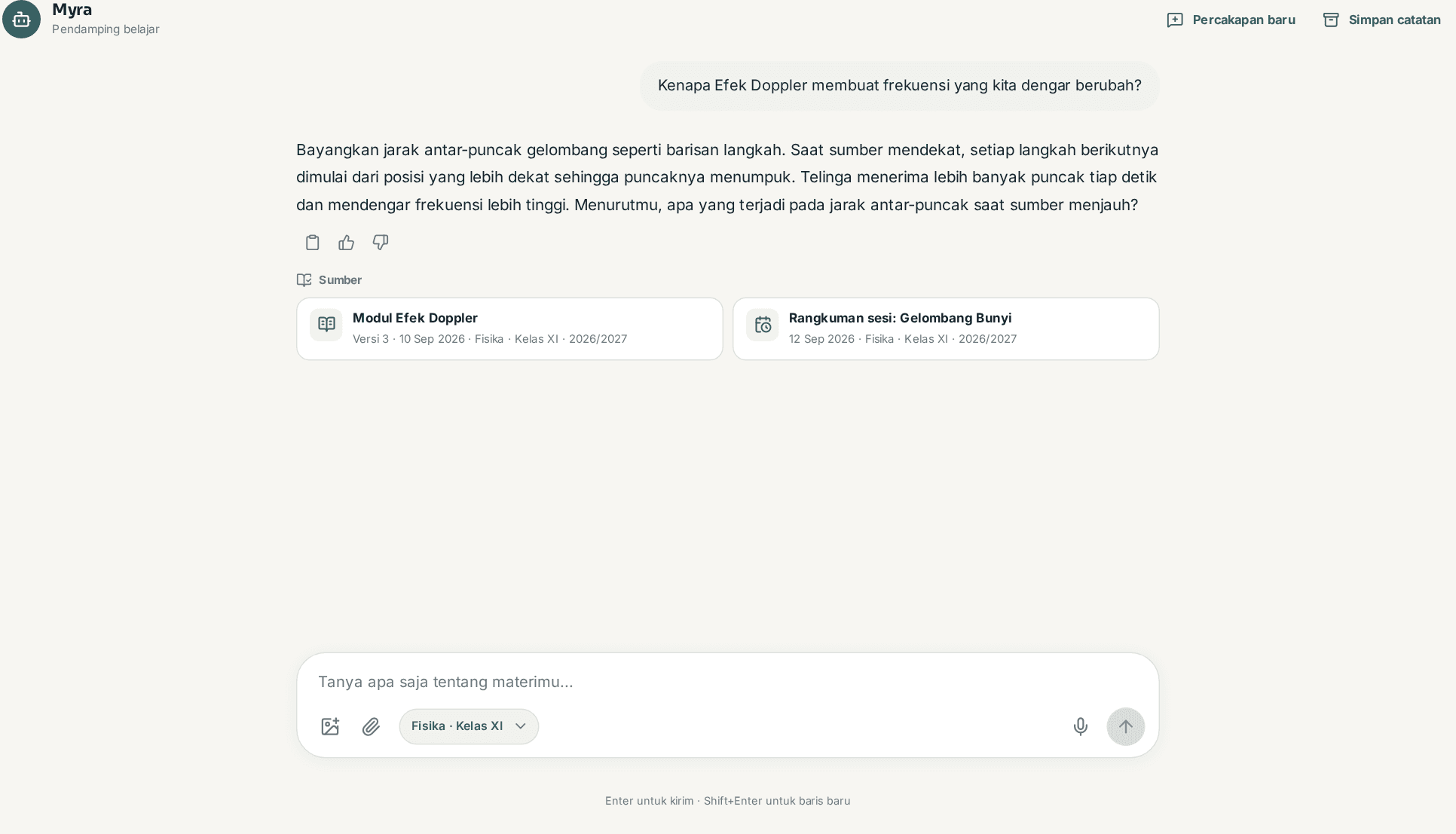 MyraEDU study companion answering a student question with checkable sources