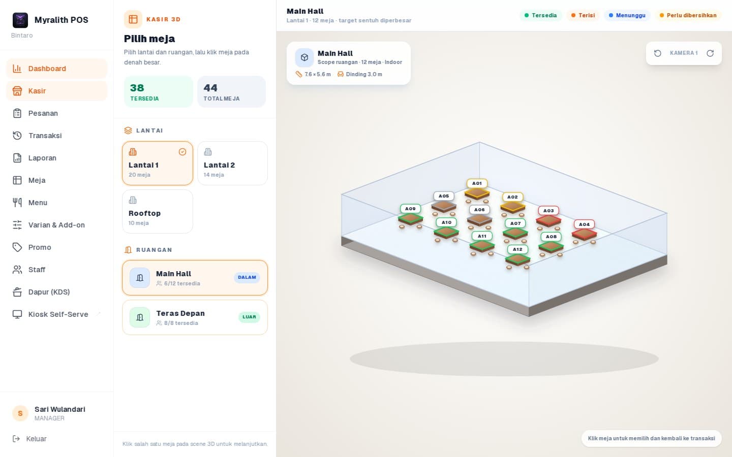 Myralith POS cashier workspace for table selection and restaurant operations