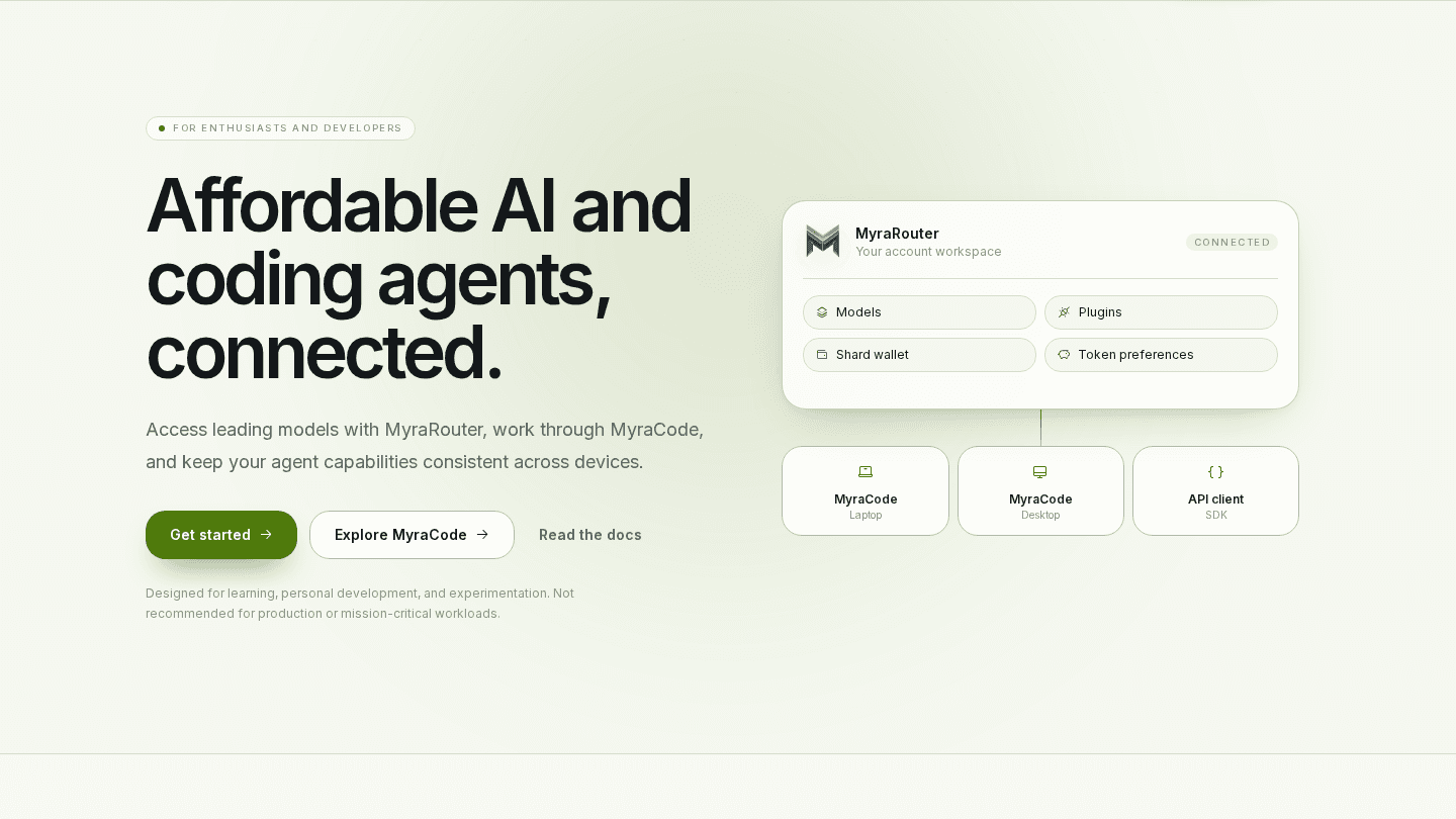 MyraRouter workspace connecting models, plugins, wallet, and MyraCode